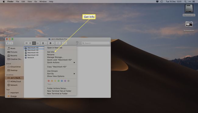 تم النقر بزر الماوس الأيمن فوق Finder مع Macintosh HD وتمييز " الحصول على المعلومات"