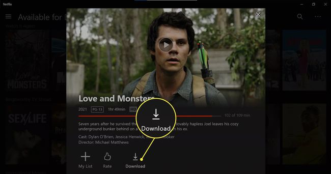 NetflixWindowsアプリで強調表示されているダウンロードオプション。