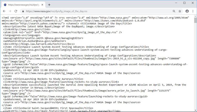 Plik XML dla kanału RSS na stronie NASA.gov
