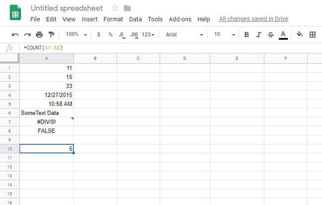 สกรีนช็อตของผลลัพธ์ของฟังก์ชัน COUNT ใน Google ชีต