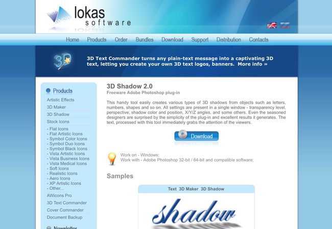 Веб-страница Lokas Software с 3D Shadow 2.0