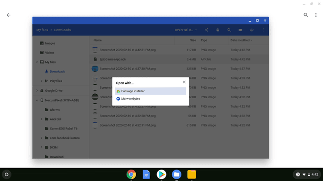 APK atidarymo „Chromebook“ ekrano kopija.
