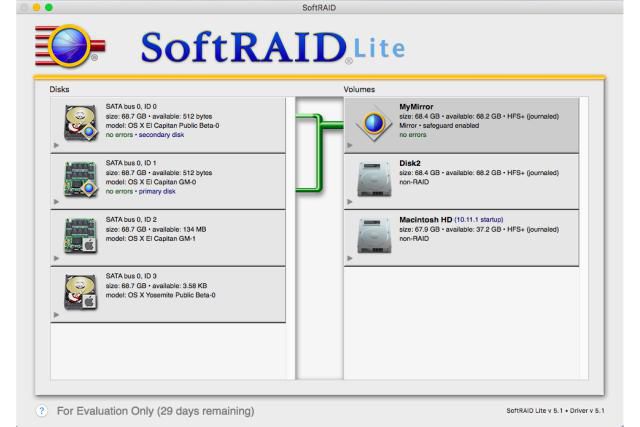 タイルと接続を表示するSoftRAIDLiteインターフェイス