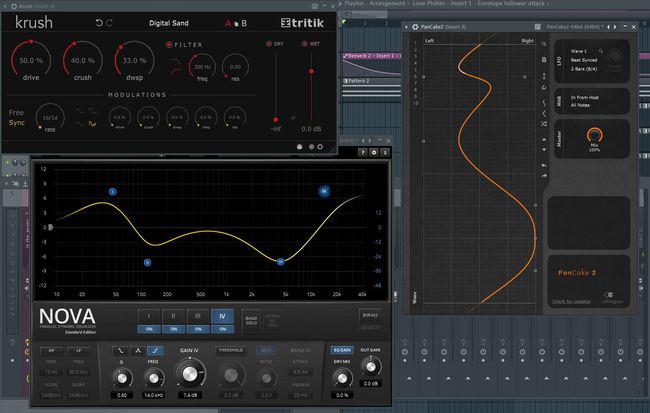 Efektové pluginy Krush, PanCake a TDR Nova VST.