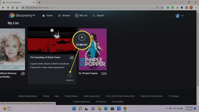 Eliminați (X) evidențiat în Lista mea de pe DiscoveryPlus.com