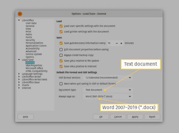 Schermafbeelding van het instellen van de LibreOffice Writer-standaard.