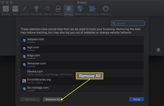 Preferencje prywatności Safari wyświetlające przycisk Usuń wszystko