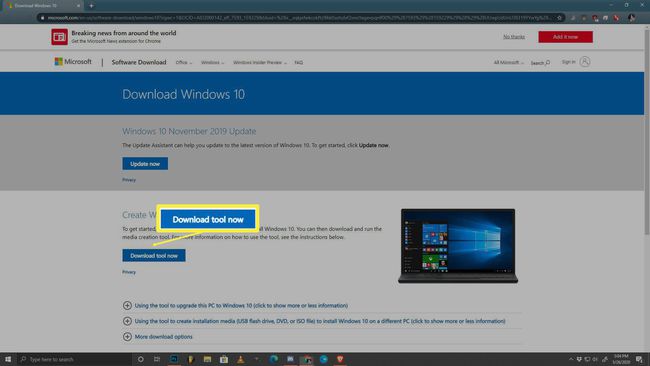 Windows 10 indirme sitesinin ekran görüntüsü.