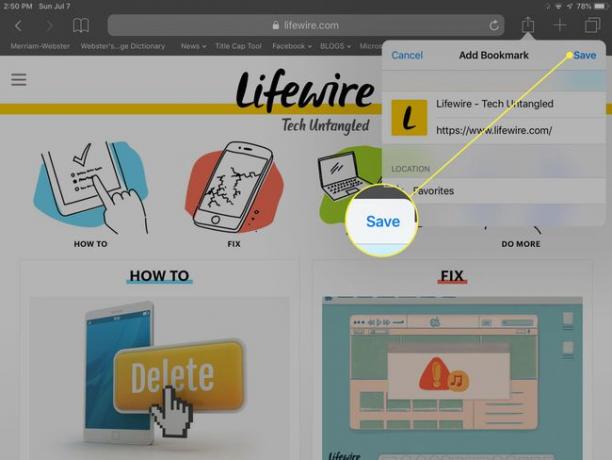 [保存]ボタンが強調表示されたiPadのSafariの[ブックマークの追加]ウィンドウのスクリーンショット
