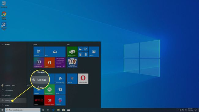 Windows 10 menüü Start, kus on esile tõstetud sätted