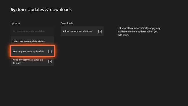 Uma captura de tela do menu de downloads e atualizações do sistema Xbox One