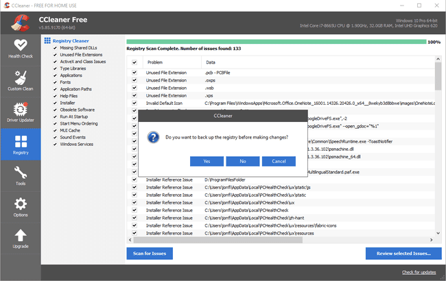 „CCleaner“ registro atsarginės kopijos raginimas