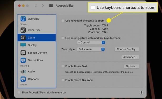 Kasutage Maci juurdepääsetavuse menüüs esiletõstetud suumimiseks kiirklahve