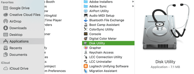 يتم تحديد Disk Utility داخل نافذة Finder.