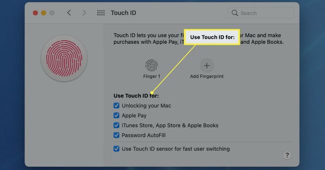La sección Usar Touch ID para resaltada en la configuración de Touch ID