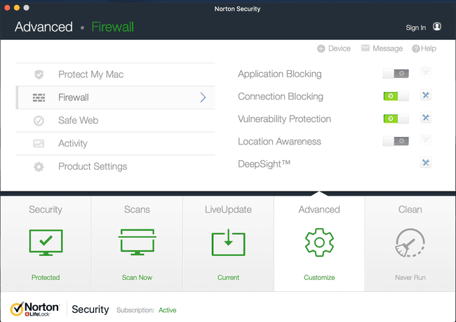 Una captura de pantalla de la interfaz de Norton Security Firewall en macOS