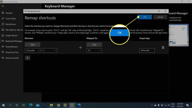 OK მონიშნულია PowerToys-ის Remap Shortcuts ეკრანზე