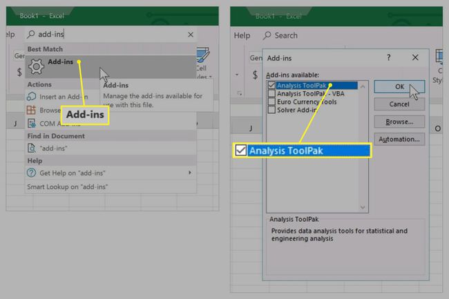 Add-Ins ausgewählt mit Analysis ToolPak ausgewählt