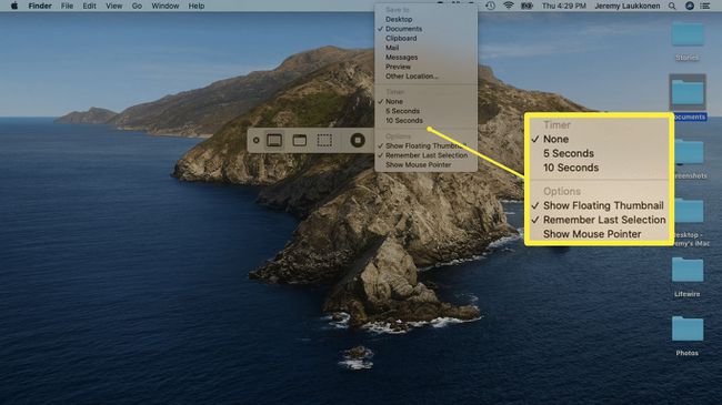 A Mac képernyőképező eszközének Beállítások menüjében elérhető lehetőségek.