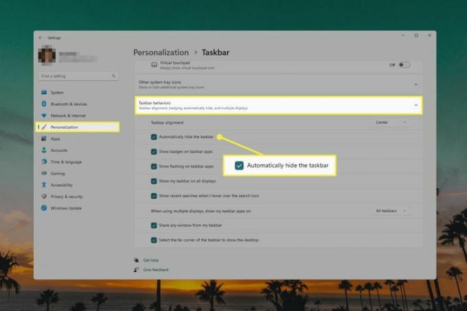 Le impostazioni di Nascondi automaticamente della barra delle applicazioni di Windows 11.