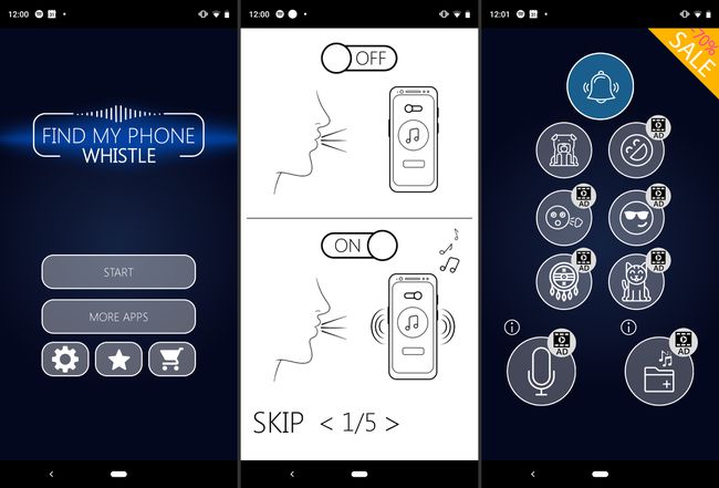 Τρεις οθόνες Android από το Find My Phone, Whistle