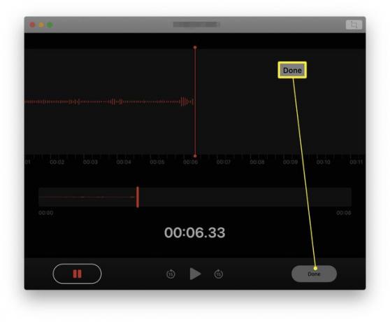 Aplikace Hlasové poznámky na Macu se zvýrazněným tlačítkem Hotovo