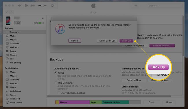 Schaltfläche " Backup" in iTunes für macOS
