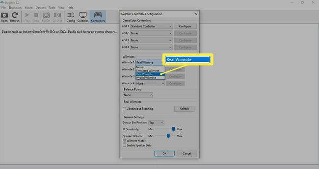 Dolphinエミュレーターコントローラー設定のWiiリモコン1の横にあるドロップダウンメニューの実際のWiiリモコン。