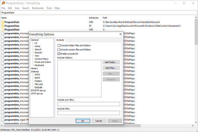 Semua kotak dialog Opsi dan folder tersembunyi