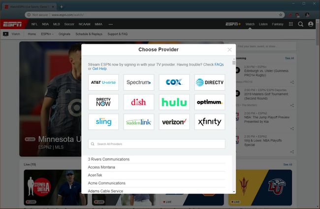 O captură de ecran a ecranului de selecție a furnizorului ESPN.
