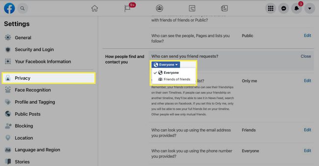 " Hur folk hittar och kontaktar dig"-inställningar på Facebooks webbplats