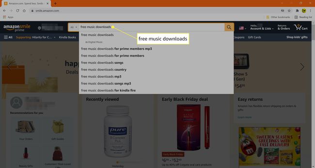 Εισαγωγή σε δωρεάν λήψεις μουσικής στο πεδίο αναζήτησης του Amazon.