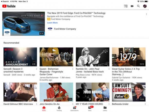 شاشة تطبيق YouTube على iPad