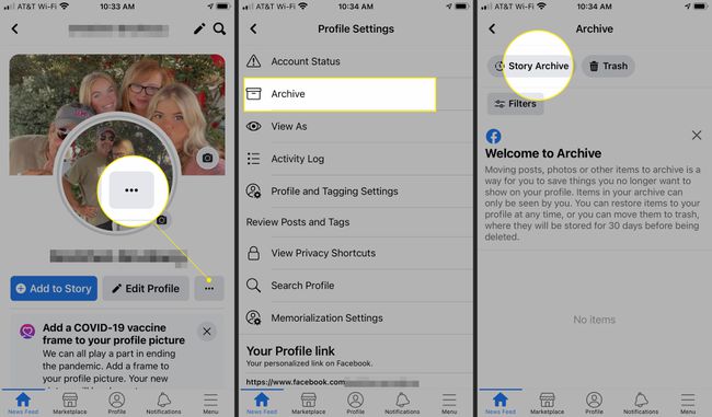 Профилна страница на приложението Facebook с подчертани Още (три точки), Архив и Архив на истории