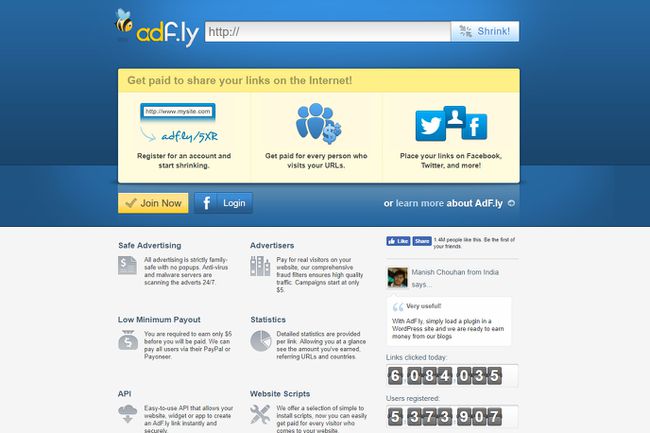 Captură de ecran a site-ului Adf.ly