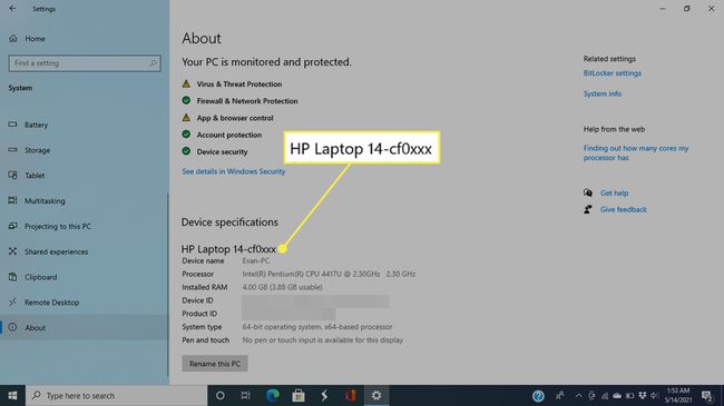 HP-kannettavan mallinumero Windows 10 Tietoja -näytössä