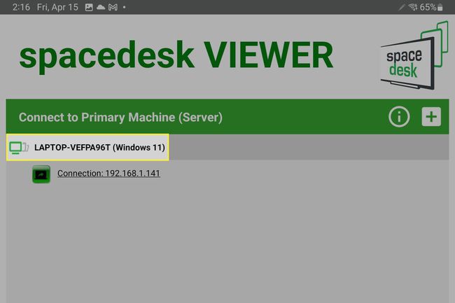 Spacedesk Viewer-applikationen med en liste over tilgængelige Windows-maskiner. Den, vi skal oprette forbindelse til, er fremhævet.