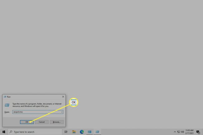 secpol.msc ბრძანება აკრეფილია Run დიალოგურ ფანჯარაში Windows 10