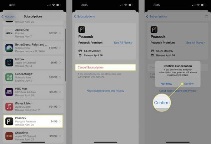 iPhone の [設定] の [サブスクリプション] セクションから Peacock をキャンセルする最後の手順。