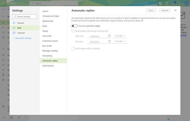 Outlook.com-indstillinger og automatiske svar valgt