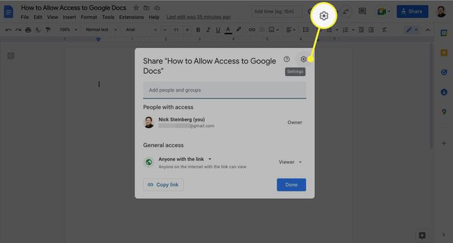 เมนูการตั้งค่าในตัวเลือก Google Docs Share