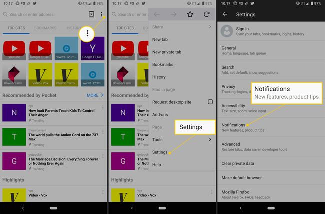 Botones de menú, configuración y notificaciones en Firefox para Android
