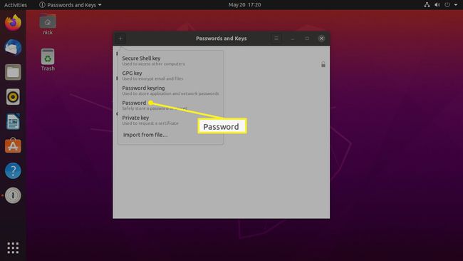 Меню Ubuntu Seahorse с выделенным паролем