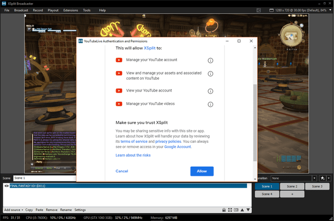 צילום מסך של מתן הרשאה ל-XSplit לגשת ל-YouTube.