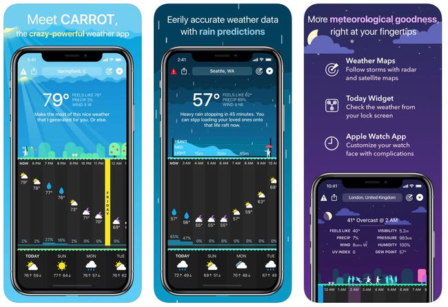 Drei Bildschirme für Karottenwetter, einer mit einer täglichen Vorhersage, einer mit Regenvorhersagen und ein dritter mit weiteren Funktionen wie Karten, Widgets und Apple Watch.