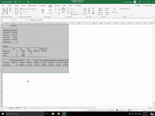 Screenshot der Ergebnisse der Regressionsanalyse, die in einem neuen Tabellenblatt in Excel platziert wurden