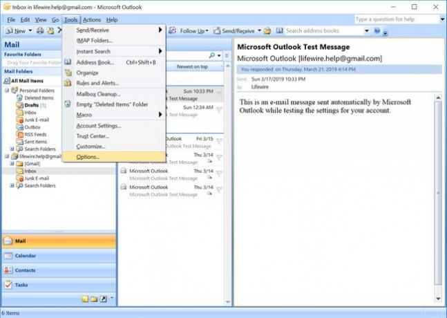 Outlook 2007-Menü Extras mit ausgewählten Optionen