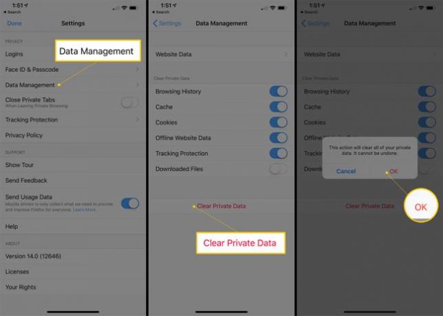 Tres pantallas de iOS que muestran la configuración de Firefox, incluida la gestión de datos, borrar datos privados y el botón de confirmación Aceptar