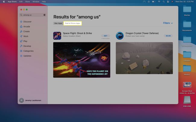 Mac App Store -hakutulokset joukossamme, joissa iPhone- ja iPad-välilehti on korostettuna.