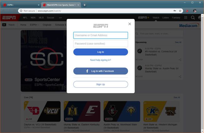 O captură de ecran a ecranului de conectare ESPN+.